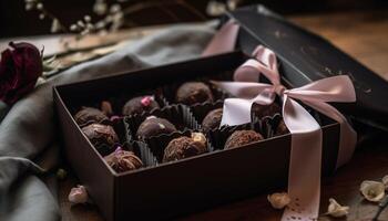 indulgente chocolate trufas envuelto en florido papel generado por ai foto