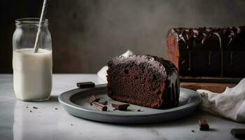 Dark chocolate brownie slice on rustic wood generated by AI photo