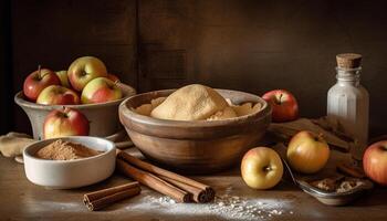 Fresh organic fruit bowl on rustic wooden table generated by AI photo