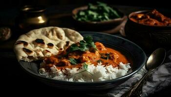 picante indio comida en rústico vajilla plato generado por ai foto