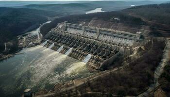 Alternative energy landscape generates hydroelectric power outdoors generated by AI photo