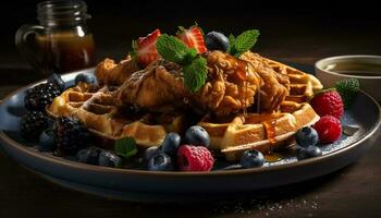 Fresh berry dessert on rustic wooden plate generated by AI photo