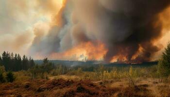 Burning forest creates destructive inferno at dusk generated by AI photo