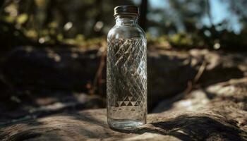 Transparent plastic water bottle reflects organic forest adventure generated by AI photo