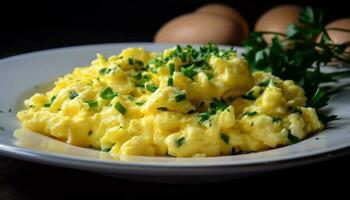 Scrambled eggs and prepared potato on plate generated by AI photo