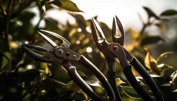 Sharp steel blades cut through green foliage generated by AI photo