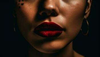 One young woman, sensual lips, fashionable elegance generated by AI photo