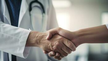 Two businessmen shaking hands in a hospital generated by AI photo