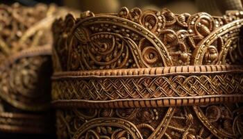 Ancient woven basket, intricate gold metal pattern generated by AI photo