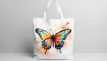 Rainbow butterfly flying over multi colored paper bag generated by AI photo