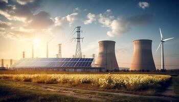 Sunset illuminates sustainable power station renewable energy generated by AI photo