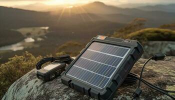 Sunset illuminates solar panels powering mountain top adventure generated by AI photo