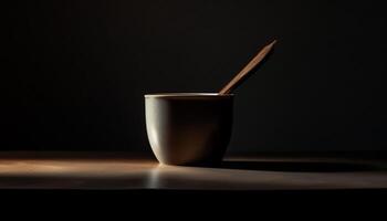 Coffee cup on black, handle and spoon generated by AI photo