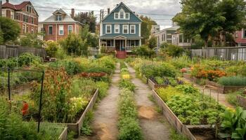 Yellow blossom accents formal garden at quaint cottage generated by AI photo