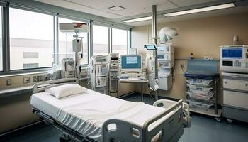 moderno cuidado de la salud equipo ilumina un vacío hospital sala generado por ai foto