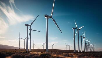 Silhouette spinning in wind power, back lit blue generated by AI photo