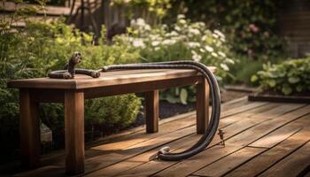 Rustic leather bench seat on forest deck generated by AI photo