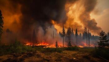 ardiente árbol en bosque enciende un infierno generado por ai foto