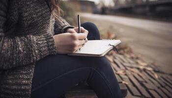 uno mujer sentado al aire libre, estudiando naturaleza literatura generado por ai foto