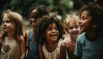 alegre niños de diferente etnias jugando juntos felizmente generado por ai foto