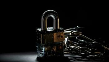 Metallic chain locked with rusty padlock symbolizes security generated by AI photo