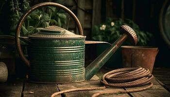 Rustic steel watering can for gardening outdoors generated by AI photo