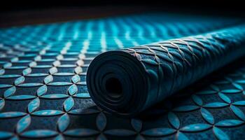 Blue yoga mat rolled up for exercising generated by AI photo