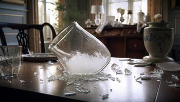 Crystal glass and bottle on wooden table generated by AI photo