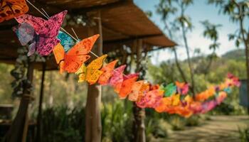 Autumn leaf decoration hangs on vibrant tree generated by AI photo