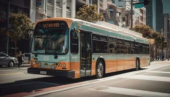 Double decker bus rushes through illuminated cityscape at dusk generated by AI photo