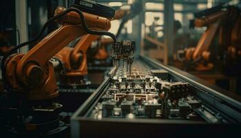 Mechanic controls robotic arm on futuristic production line generated by AI photo