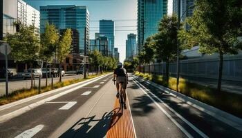 Healthy cyclist speeds through city traffic rush hour generated by AI photo