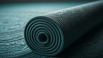 Blue yoga mat rolled up in foreground generated by AI photo