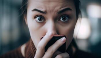 joven adulto mujer, con marrón pelo sonriente a teléfono generado por ai foto