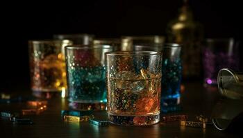 whisky en el rocas, un azul reflexión generado por ai foto