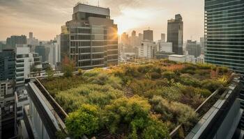 Futuristic skyscrapers reflect city life at sunset generated by AI photo