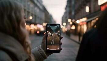 mensajes de texto al aire libre, joven mujer capturas ciudad vida generado por ai foto