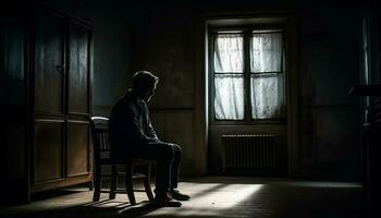 Sad businessman sits alone in dark solitude generated by AI photo