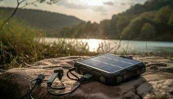 Sunset over mountains, using solar energy power generated by AI photo