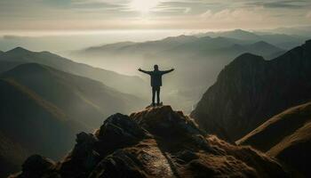 Silhouette standing victorious, on top of peak generated by AI photo