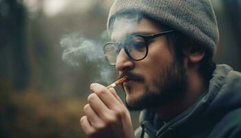 caucásico hombre en Gafas de sol de fumar tabaco al aire libre generado por ai foto