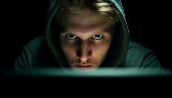encapuchado computadora hacker miradas a monitor en oscuridad generado por ai foto