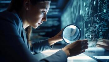 Young businesswoman searches data with magnifying glass generated by AI photo