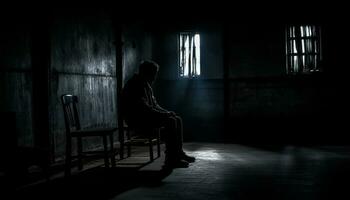 soledad y desesperación, sentado en el oscuridad generado por ai foto