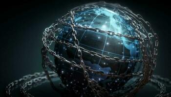 global comunicación vinculado por futurista metálico esfera generado por ai foto
