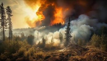 Smoky mountain range, burning pine tree heat damage generated by AI photo