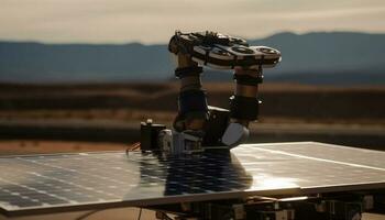 futurista robot brazo potestades solar paneles al aire libre generado por ai foto