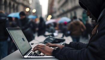 Busy city life, adults typing on laptops generated by AI photo