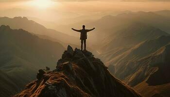 Standing triumphantly atop rocky mountain peak, arms raised generated by AI photo