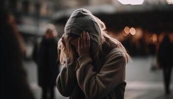 uno mujer en calentar ropa caminando solo generado por ai foto